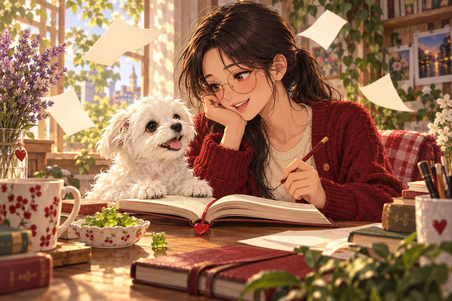 Jisoo and Jamong share a sunny reading nook, surrounded by books and little red details.