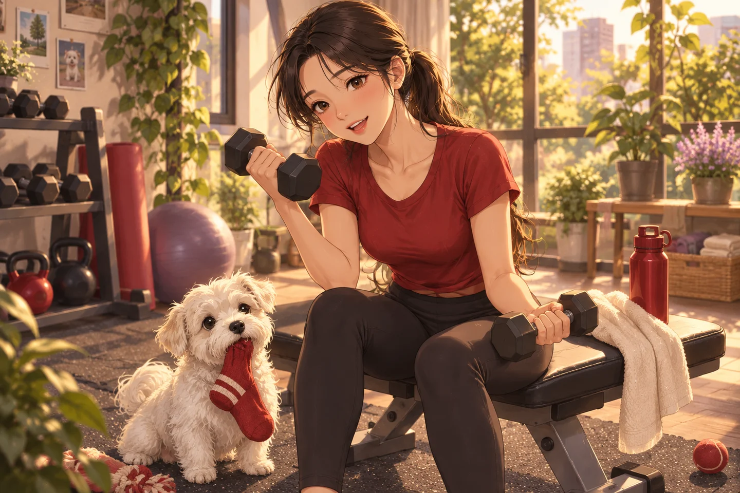 Jisoo enjoys a gentle dumbbell workout while Jamong keeps a stolen red sock company.