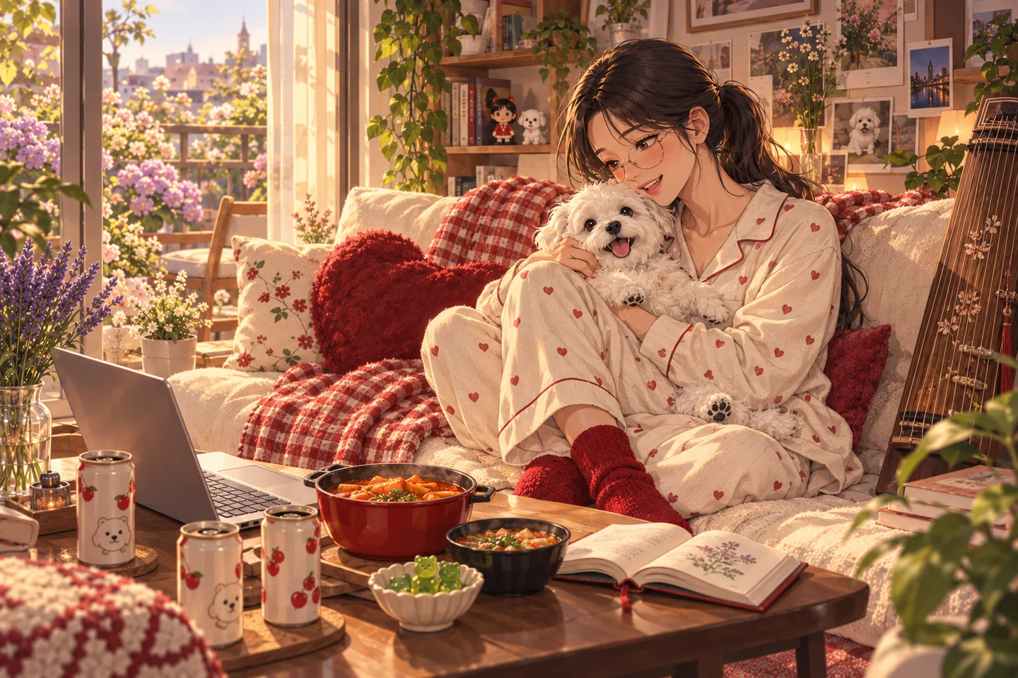 Jisoo in heart pajamas cuddles her little white dog Jamong in a sunny room filled with her favorite things.
