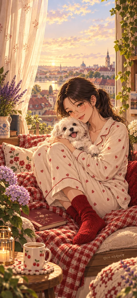 Portrait wallpaper of Jisoo cuddling Jamong on a cozy window seat overlooking sunlit rooftops and a river, signed 건이가 지수한테.